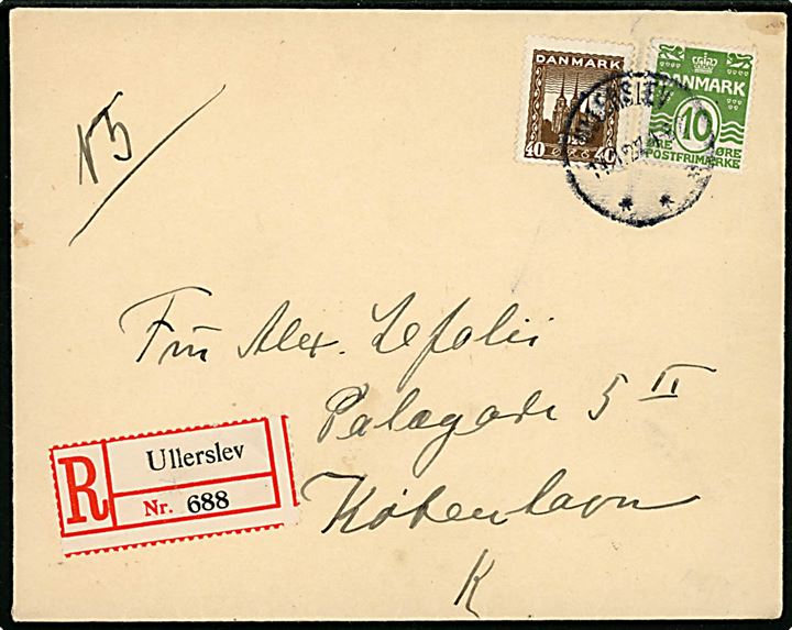 10 øre Bølgelinie og 40 øre Genforening på anbefalet brev fra Ullerslev d. 11.1.1922 til København.