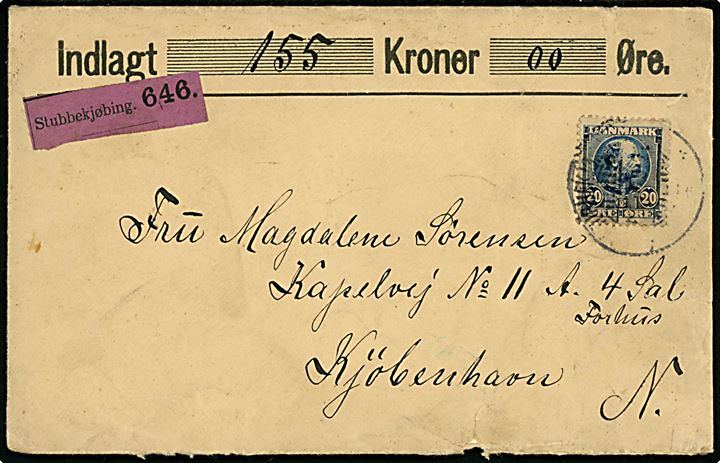 20 øre Chr. IX single på værdibrev fra Stubbekjøbing d. ?.3.1906 til Kjøbenhavn. Nusset.