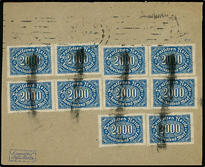 2000 mk. (10) og 5000 mk. (2) Ciffer infla udg. på for- og bagside af lokalbrev i Hamburg d. 4.9.1923. Korrekt porto (1.-19.9.1923) = 30.000 mk. Prøvet af Infla-Berlin.