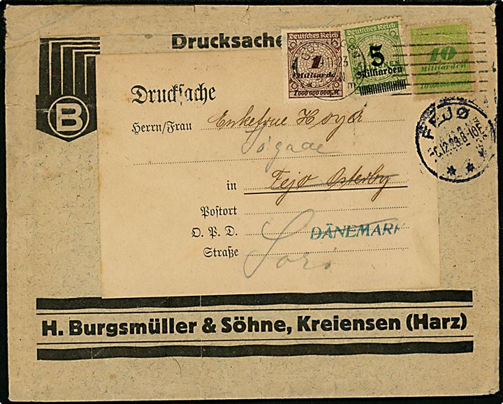 1 mia.mk., 10 mia.mk. Ciffer og 5 mia./4 mio.mk. Provisorium på Vierfach frankeret tryksag fra Göttingen d. 29.11.1923 til Fejø, Danmark - eftersendt fra Fejø d. 6.12.1923 til Sorø. Korrekt porto (26.-30.11.1923) = 64.000.000.000 mk. Folder og mindre takningsfejl.