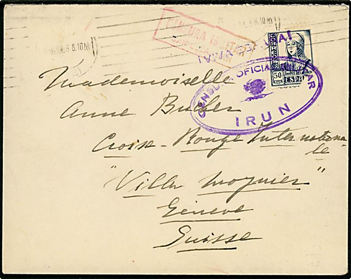 50 cts. Isabel (defekt) single på brev fra San Sebastian d. 29.7.1938 til Geneve, Schweiz. Spansk censur fra både San Sebastian og Irun. 