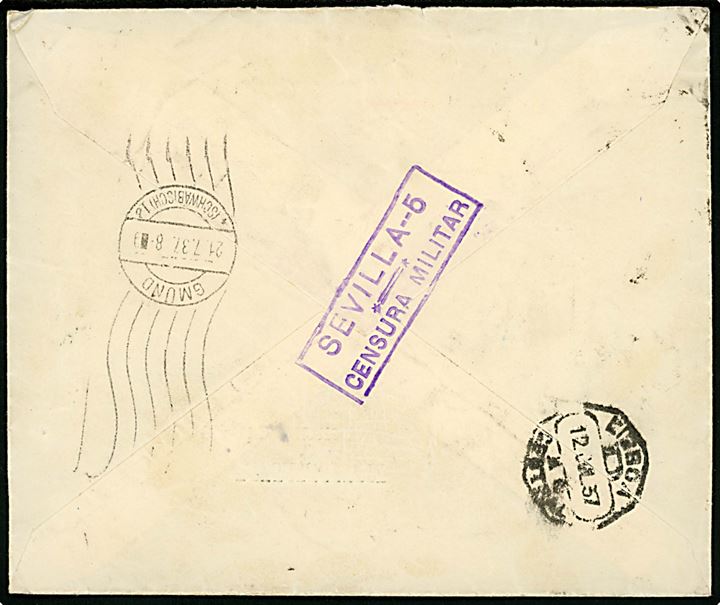 30 cts. Isabel (3) og 5 cts. Pro Sevilla på anbefalet brev påskrevet via Portugal fra Sevilla d. 9.7.1937 via Lissabon til Lorch, Tyskland. Lokal spansk censur i Sevilla-5. Ank.stemplet i Gmund d. 21.7.1937.