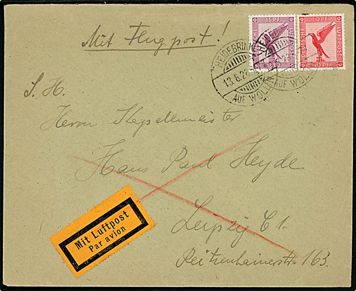 10 pfg. og 15 pfg. Luftpost på indenrigs luftpostbrev fra Heidebring auf Wollin d. 13.8.1928 via Berlin C2 d. 13.8.1928 til Leipzig.