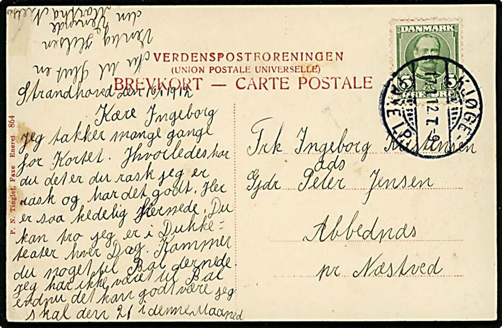 Fakse Ladeplads. Ved klinten. Med 5 øre Fr. VIII annulleret bureaustempel KJØGE - FAXE LP. T. 9, til Næstved. 