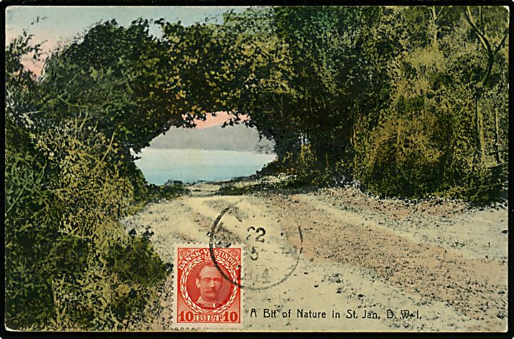 D.V.I., St. Jan. A bit of Nature in St. Jan. Lightbourns serie no. 83. Med 10 bit Fr. VIII annulleret St. Thomas d. 22.05.1914 til Hamborg, Tyskland.