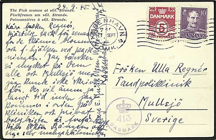 5 øre Bølgelinie og 10 øre Chr. X på brevkort fra København d. 27.9.1945 til Mullsjö, Sverige. Efterkrigscensur (krone)/413/Danmark.
