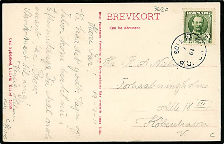 Lemvig kirke. C. Splidsboel no. 19558. Frankeret med 5 øre Fr. VIII og annulleret med lapidar Lemvig JB.P. d. 129.7.1911.