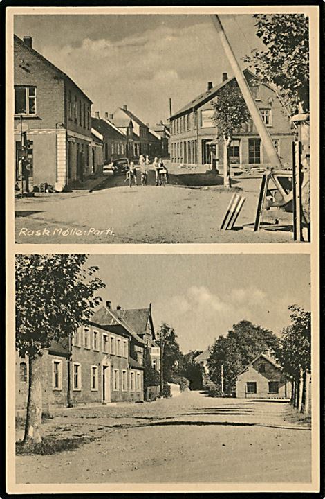 Rask Mølle, gadepartier med bl.a. jernbaneoverskæring. P. Andersen no. 89637.