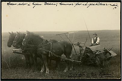 Granly ved Bjerringbro. Hestetrukken landbrugsmaskine. Fotokort u/no.