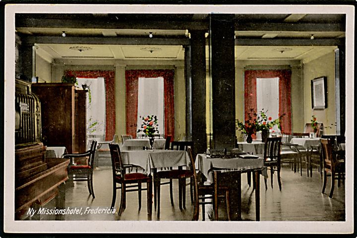 Fredericia, Ny Missionshotel, interiør. Reklamekort no. 13233.