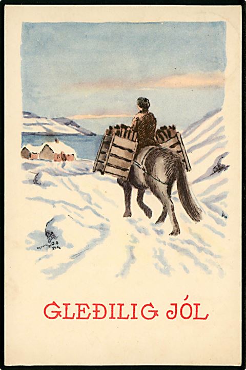 Færøsk tegnet julekort. Stenders/H.N.Jacobsen no. 91473. Frankeret med 20 øre Fr. IX og defekt Julemærke 1953 annulleret med pr.-stempel Sand pr. Thorshavn d. 16.12.1953