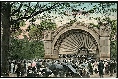 Letland, Riga, Wöhrmanns Park med scene. Frankeret med russisk 4 kop. Våben fra Riga d. 14.9.1910 til Danmark.