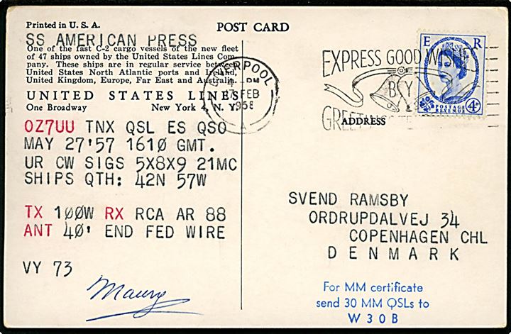 United States Line C-2 fragtskib. Anvendt som QSL-kort fra S/S American Press sendt fra Liverpool d. 17.9.1958 til Danmark.