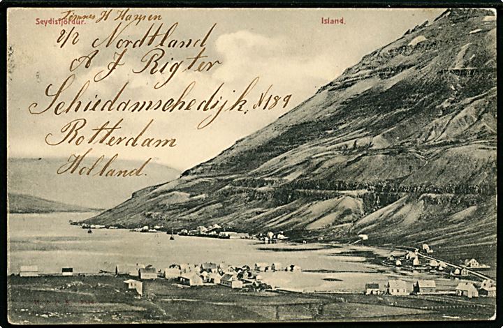 Island, Seydisfjördur. U/no. Sendt fra sømand ombord på S/S Nordtland fra Kronstadt, Rusland 1910 til Danmark.