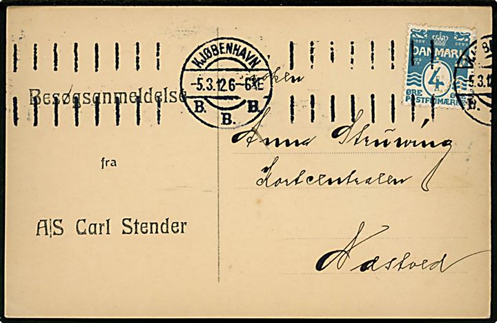 Københavns Hovedbanegaard, Besøgsanmeldelse fra firma A/S Carl Stenders frankeret med 4 øre Bølgelinie med perfin C.S. sendt som tryksag fra Kjøbenhavn d. 5.3.1912 til Kortcentralen i Næstved. 