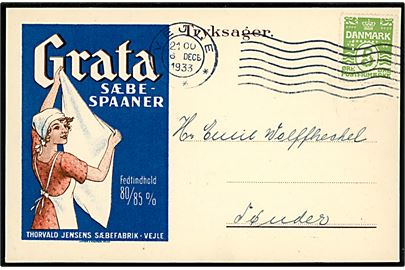 Grata Sæbespaaner. Reklame tryksags-kort fra Thorvald Jensens Sæbefabrik frankeret med 5 øre Bølgelinie med perfin T.J. fra Vejle d. 6.12.1933 til Tønder.