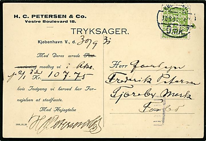 Gødningsspreder D.U.G.. Reklame tryksagskort fra firma H. C. Petersen & Co. frankeret med 5 øre Bølgelinie med perfin H.C.P. & Co. fra København d. 30.9.1931.