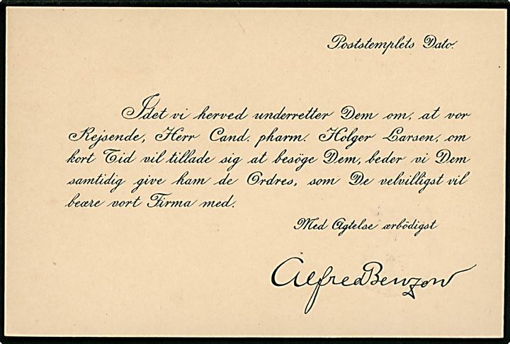 4 øre Tofarvet omv. rm. på firma-tryksags-kort fra firma Alfred Benzon i Kjøbenhavn annulleret i Horsens 1900 til Nykøbing Falster. På bagsiden underskrevet Alfred Benzon.