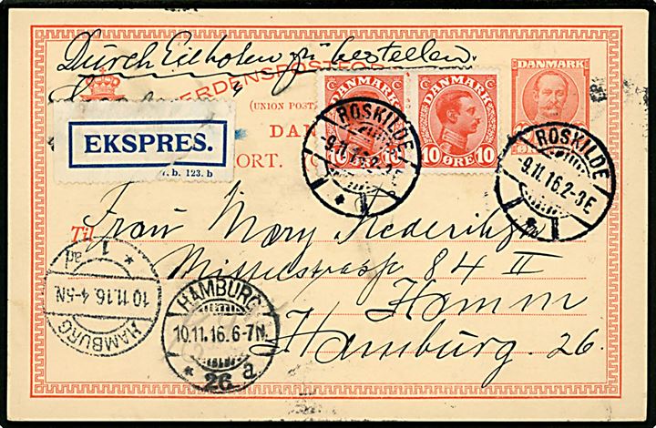 10 øre Fr. VIII helsagsbrevkort opfrankeret med 10 øre Chr. X i parstykke sendt ekspres fra Roskilde d. 9.11.1916 til Hamburg, Tyskland.