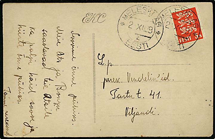 5 s. Løver på brevkort fra Meleski Ag d. 21.12.1929 til Viljandi.