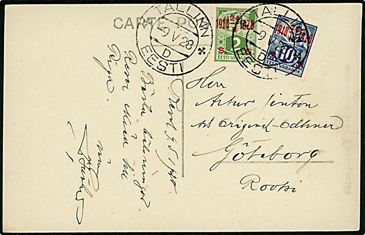 2 s./2 mk. og 10 s./10 mk. Jubilæums provisorium på brevkort fra Tallinn d. 9.5.1928 til Göteborg, Sverige.