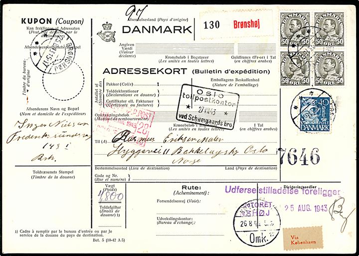 40 øre Karavel og 50 øre Chr. X i fireblok på internationalt adressekort for pakke fra Brønshøj d. 25.8.1943 via København til Oslo, Norge. 