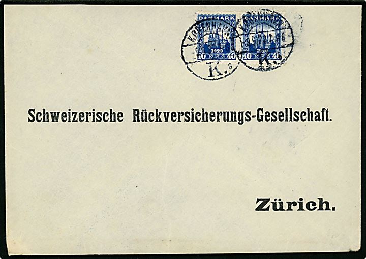 40 øre Genforening i parstykke på brev fra København d. 9.5.1922 til Zürich, Schweiz. Afkortet i toppen og bagklap mgl.
