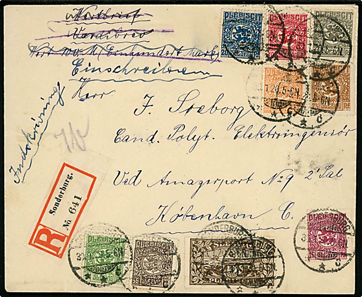 Fælles udg. 2½ pfg. - 35 pfg., samt 1 mk. på anbefalet brev stemplet Sonderburg **C d. 30.1.1920 til København.