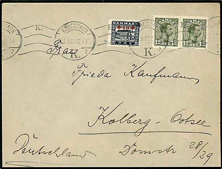 12 øre Chr. X i parstykke og 20+10 øre Røde Kors provisorium på overfrankeret brev fra København d. 21.8.1921 til Kolberg, Tyskland.