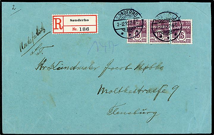 15 øre Bølgelinie (3) på 2. vægtkl. anbefalet brev fra Sønderho d. 2.12.1912 til Flensburg, Tyskland.