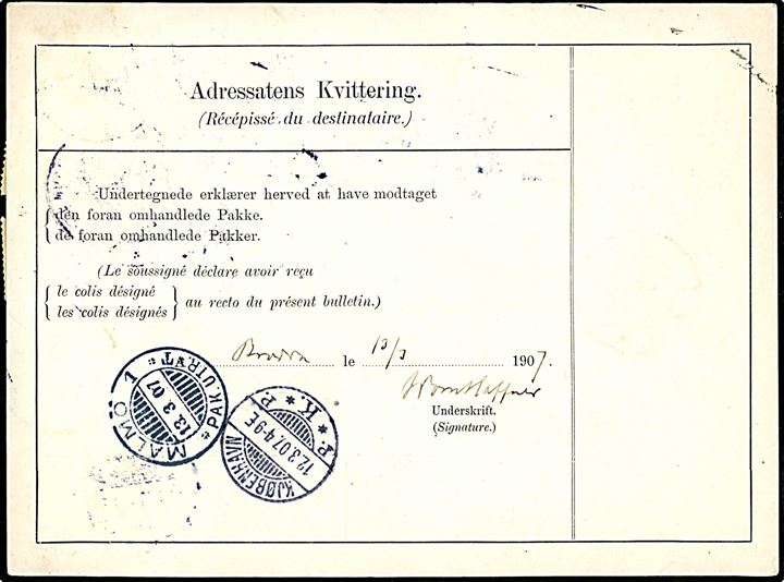 2 øre, 3 øre Bølgelinie, 5 øre (2), 25 øre Chr. IX og 20 øre Fr. VIII (4) på 120 øre frankeret internationalt adressekort for pakke fra Kjøbenhavn IX d. 12.3.1907 til Skurup, Skåne, Sverige.