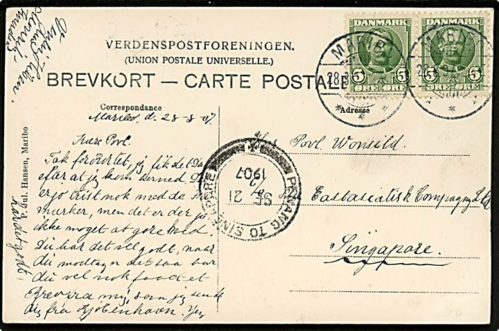 5 øre Fr. VIII i parstykke på brevkort (Maribo Raadhus) fra Maribo d. 28.8.1907 til Singapore. Transit stemplet med bureaustempel Penang to Singapore d. 21.9.1907.