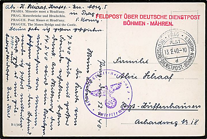 Ufrankeret feltpostkort med liniestempel Feldpost über Deutsche Dienstpost Böhmen-Mähren og stemplet Prag / PLST / * Deutsche Dienstpost - Böhmen-Mähren * d. 13.2.1940 til Tyskland. Briefstempel fra Kraftfahr-Ersatz-Abteilung 5.