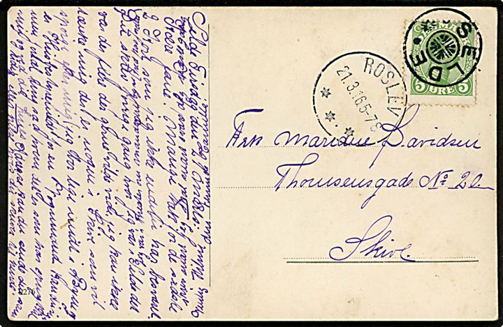 5 øre Chr. X på brevkort annulleret med stjernestempel SELDE og sidestemplet Roslev d. 21.3.1916 til Skive. Skramme på billedsiden.