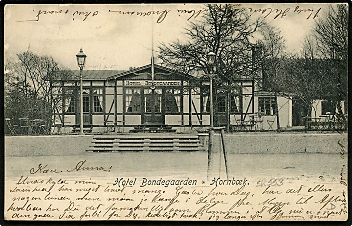 5 øre Våben på brevkort (Hotel Bondegaarden, Hornbæk) annulleret med stjernestempel HORNBÆK og sidestemplet Hellebæk d. 22.7.1905 via Helsingør til Sorø.