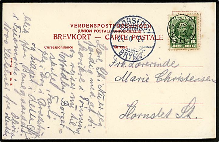 5 øre Fr. VIII på brevkort (Brædstrup) annulleret med stjernestempel TØNNING og sidestemplet Horsens - Bryrup T.4 d. 21.1.190(7?) til Hornslet.