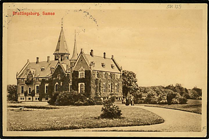 5 øre Chr. X på brevkort (Brattingsborg, Samsø) annulleret med stjernestempel BESSER og sidestemplet Tranebjerg d. 18.7.1916 til Viborg.