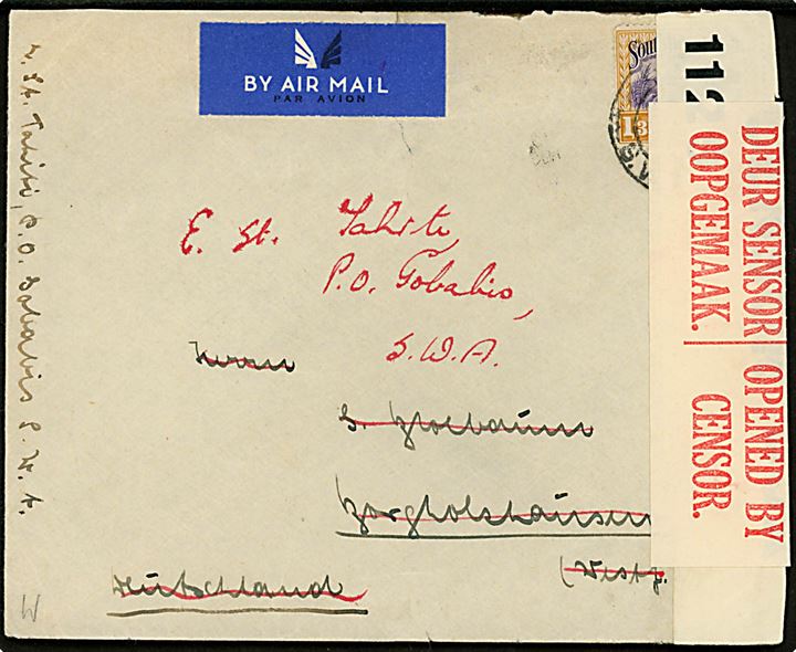 1/3 sh. single på luftpostbrev fra Gobabis ca. 1939 til Tyskland returneret på grund af krigsudbrud og åbnet af både britisk PC66/1129 og sydafrikansk censur