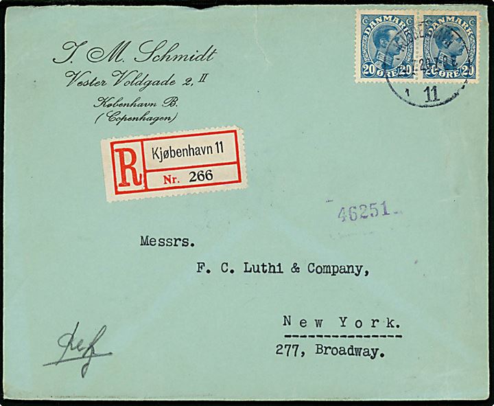 20 øre Chr. X i parstykke på anbefalet brev fra Kjøbenhavn 11 d. 5.7.1920 til New York, USA