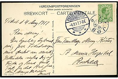 5 øre Chr. X på brevkort (Fangelejren ved Horserød) annulleret med stjernestempel TIKJØB og sidestemplet Fredensborg d. 4.8.1917 til Roskilde.