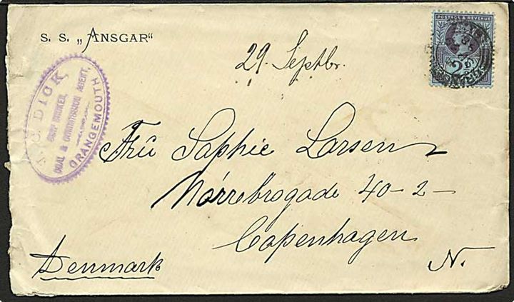 2½d Victoria på brev fra Grangemouth d. 29.9.1898 til København, Danmark. Kuvert påtrykt: S.S. Ansgar.