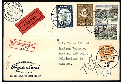 40 øre Bølgelinie, 1 kr. Egede, 1 kr. Rebild (par) og 2 kr. Thorvaldsen på 540 øre frankeret anbefalet ekspres brevkort fra København d. 7.8.1972 til Helsingfors, Finland. Et mærke med kort hj.tak.