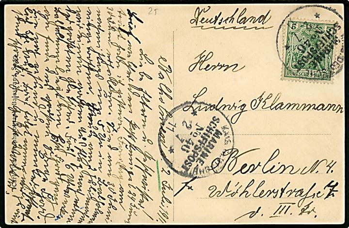 Tysk 5 pfg. Germania på brevkort (Esefjord, Balholm) dateret Balholmen og annulleret med skibsstempel Kais. Deutsche Marineschiffspost No. 46 d. 2.7.1911 til Berlin, Tyskland. Sendt fra sømand ombord på krydser SMS Hertha under togt til Norge.