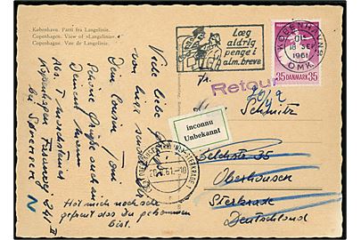35 øre Balletfestival på brevkort (København, Langelinie) fra København d. 18.9.1964 til Oberhausen, Tyskland. Retur med 2-sproget returetiket: Inconnu / Unbekannt.