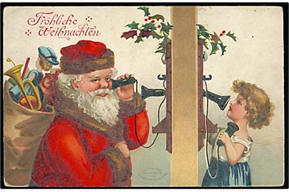 Ellen H. Clapsaddle: Julekort med barn og Julemanden der taler i telefon. H. & S. u/no. 