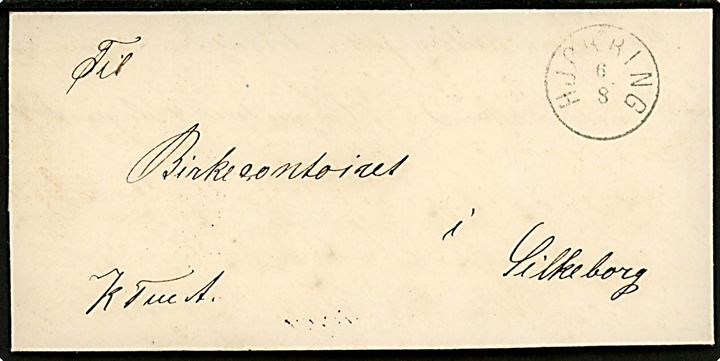 1867. Ufrankeret tjenestebrev mærket KTmA med fuldt indhold og lapidar Hjørring d. 6.8.1867 via Aarhus og Jydske JB.P.B. til birkekontoret i Silkeborg.