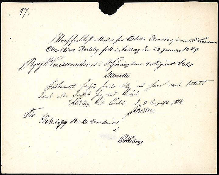 1867. Ufrankeret tjenestebrev mærket KTmA med fuldt indhold og lapidar Hjørring d. 6.8.1867 via Aarhus og Jydske JB.P.B. til birkekontoret i Silkeborg.