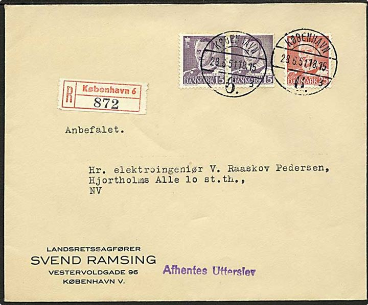 15 øre (par) og 25 øre Fr. IX på 55 øre frankeret lokalt anbefalet brev stemplet København d. 28.6.1951. Liniestempel: Afhentes Utterslev.
