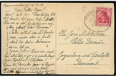 10 pfg. Germania på brevkort (Partier fra Bredebro) dateret Kommerslev og annulleret med ovalt bureaustempel Tondern - Hvidding Bahnpost Zug ? d. 16.9.1917 til Jægersborg pr. Gentofte, Danmark. Violet censur stempel 9.