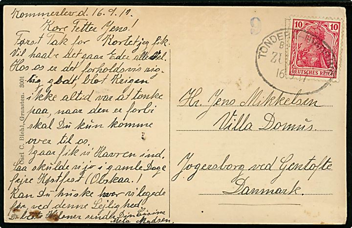 10 pfg. Germania på brevkort (Partier fra Bredebro) dateret Kommerslev og annulleret med ovalt bureaustempel Tondern - Hvidding Bahnpost Zug ? d. 16.9.1917 til Jægersborg pr. Gentofte, Danmark. Violet censur stempel 9.